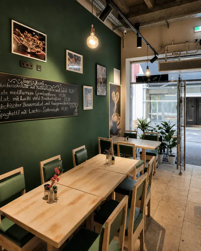Grüne Wand und Holztische im Cello Cafe